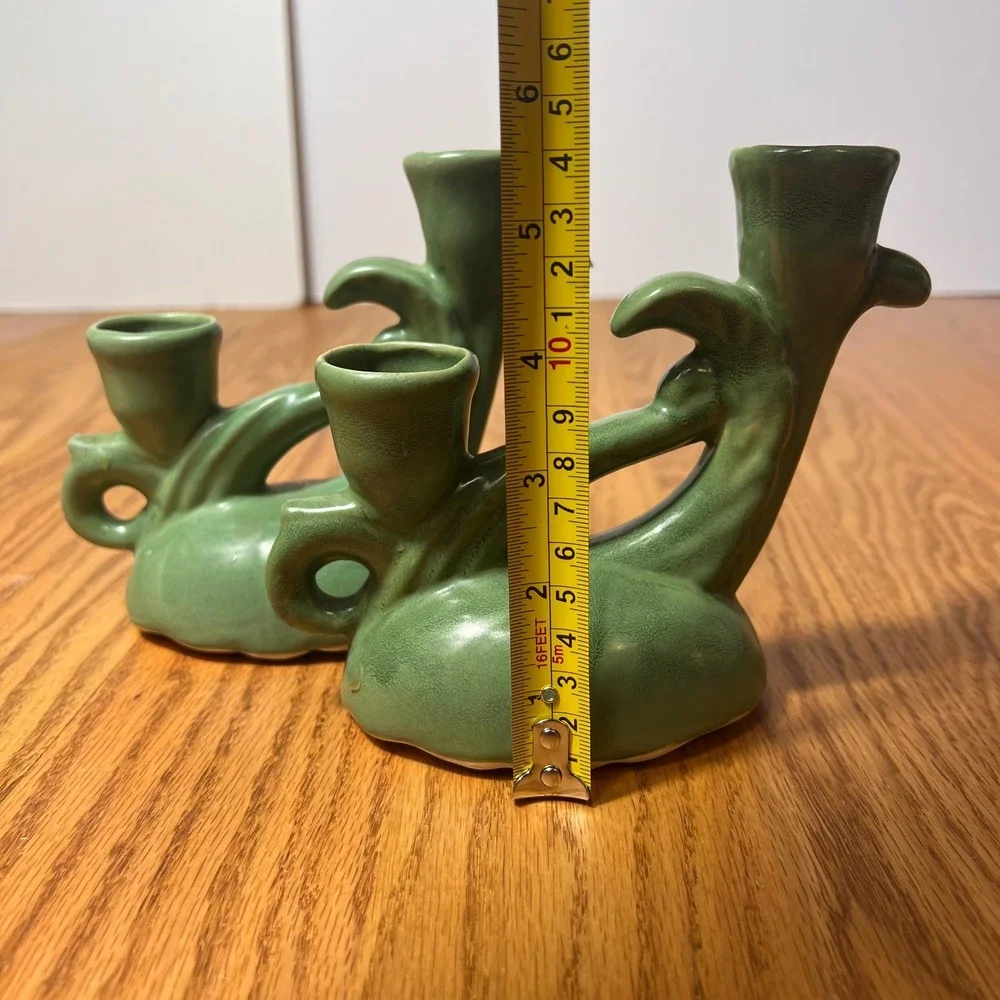 VTG Camark Pottery Pair of Green Double Candle Holders Mid Century Matte Glaze